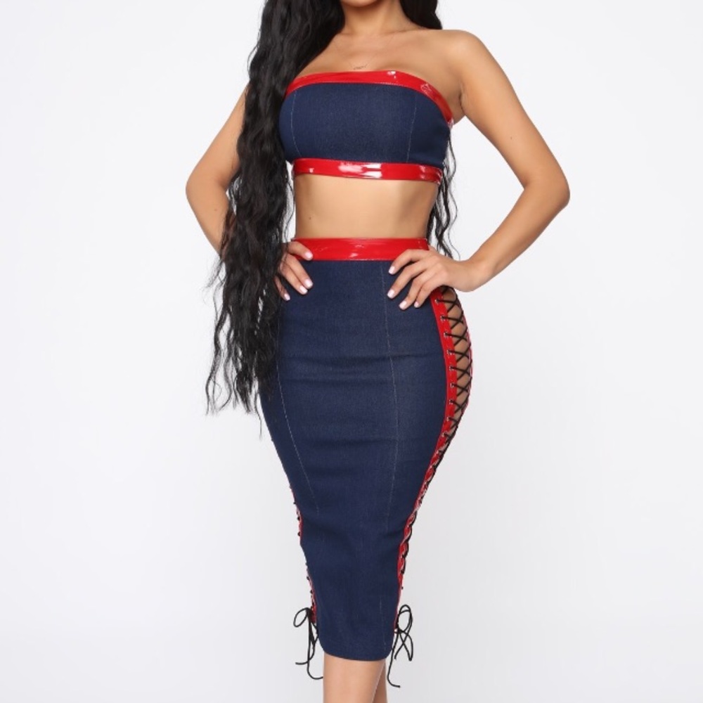 Fashion Nova Red/Denim Skirt Set